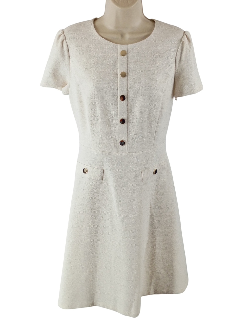 Andrew Marc Cream Short-Sleeve A-Line Midi Dress with Front Buttons